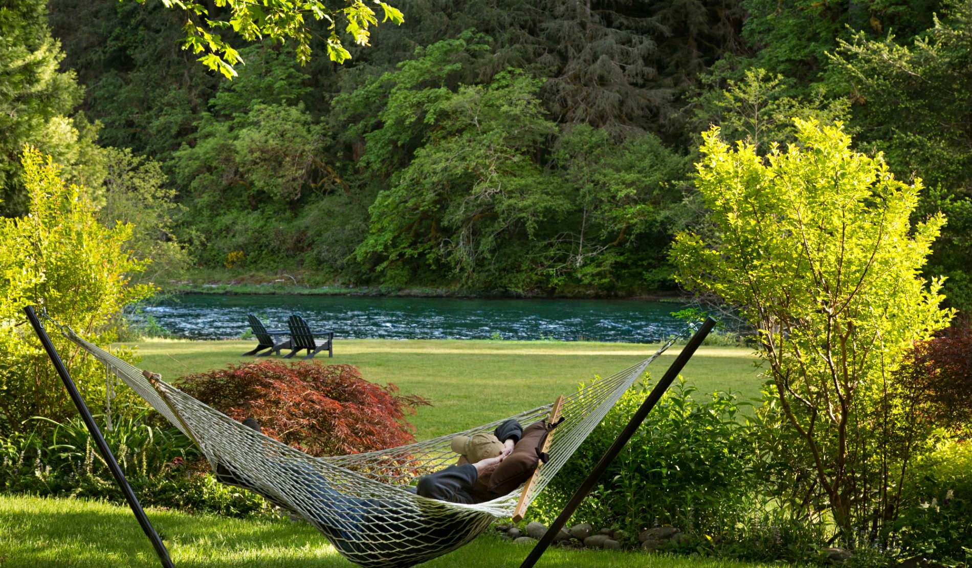 A man reclines in a hammock with green grass, bushes and trees and a flowing river.